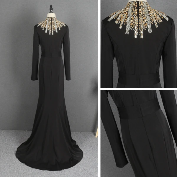 Mode Noire Robe De Soirée 2021 Trompette / Sirène Col Haut Manches Longues Faux Diamant Ceinture Train De Balayage Volants Robe De Ceremonie