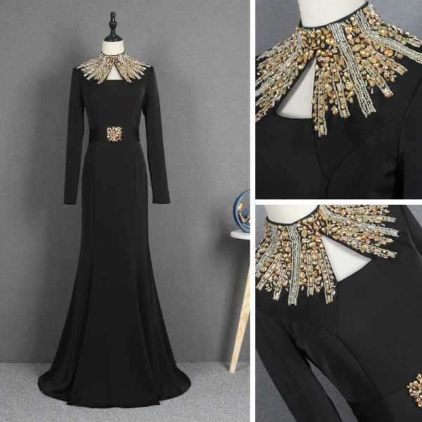 Mode Noire Robe De Soirée 2021 Trompette / Sirène Col Haut Manches Longues Faux Diamant Ceinture Train De Balayage Volants Robe De Ceremonie