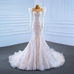 Luxe Champagne La Mariée Robe De Mariée 2021 Trompette Sirène Transparentes Encolure Dégagée Gonflée Manches Longues Paillettes Tribunal Train Volants