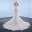 Luxury / Gorgeous Champagne Bridal Wedding Dresses 2021 Trumpet / Mermaid See-through Scoop Neck Puffy Long Sleeve Sequins Court Train Ruffle
