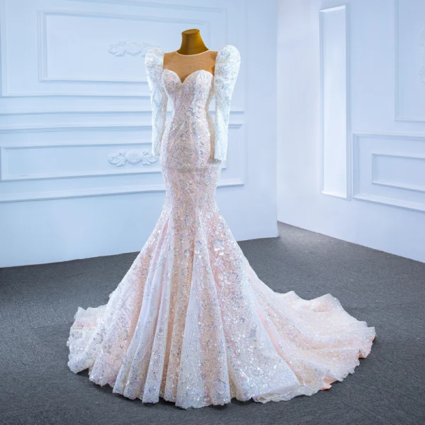 Luxury / Gorgeous Champagne Bridal Wedding Dresses 2021 Trumpet / Mermaid See-through Scoop Neck Puffy Long Sleeve Sequins Court Train Ruffle