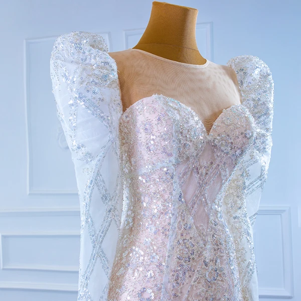 Luxury / Gorgeous Champagne Bridal Wedding Dresses 2021 Trumpet / Mermaid See-through Scoop Neck Puffy Long Sleeve Sequins Court Train Ruffle