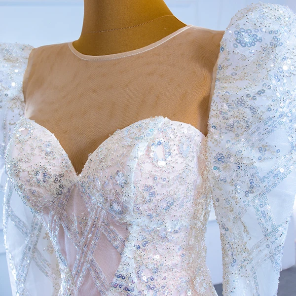 Luxury / Gorgeous Champagne Bridal Wedding Dresses 2021 Trumpet / Mermaid See-through Scoop Neck Puffy Long Sleeve Sequins Court Train Ruffle
