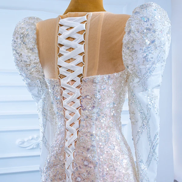 Luxury / Gorgeous Champagne Bridal Wedding Dresses 2021 Trumpet / Mermaid See-through Scoop Neck Puffy Long Sleeve Sequins Court Train Ruffle