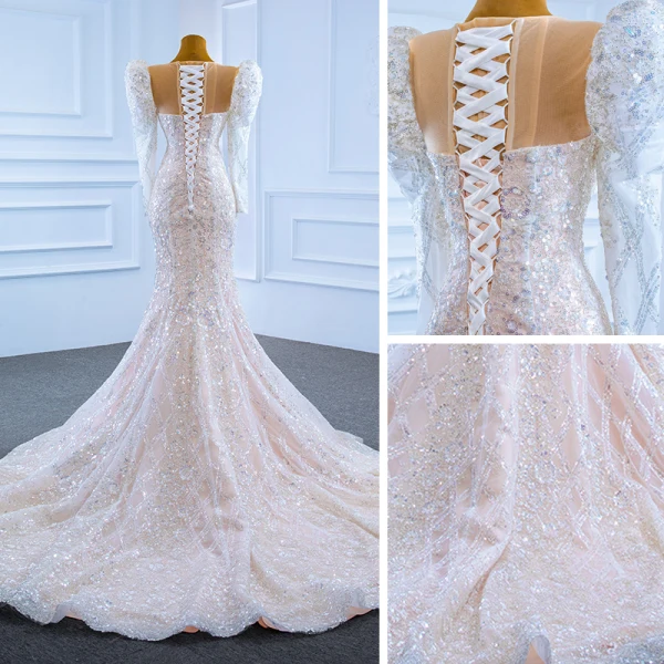 Luxury / Gorgeous Champagne Bridal Wedding Dresses 2021 Trumpet / Mermaid See-through Scoop Neck Puffy Long Sleeve Sequins Court Train Ruffle