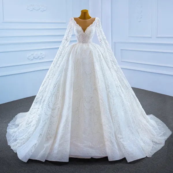 Luxury / Gorgeous White Bridal Wedding Dresses 2021 Ball Gown See-through Deep V-Neck Sleeveless Backless Beading Pearl Watteau Train Ruffle