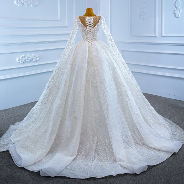 Luxury / Gorgeous White Bridal Wedding Dresses 2021 Ball Gown See-through Deep V-Neck Sleeveless Backless Beading Pearl Watteau Train Ruffle