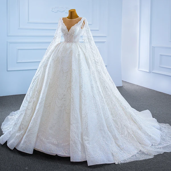 Luxury / Gorgeous White Bridal Wedding Dresses 2021 Ball Gown See-through Deep V-Neck Sleeveless Backless Beading Pearl Watteau Train Ruffle