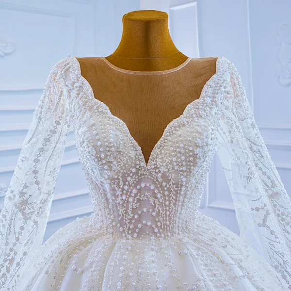 Luxury / Gorgeous White Bridal Wedding Dresses 2021 Ball Gown See-through Deep V-Neck Sleeveless Backless Beading Pearl Watteau Train Ruffle