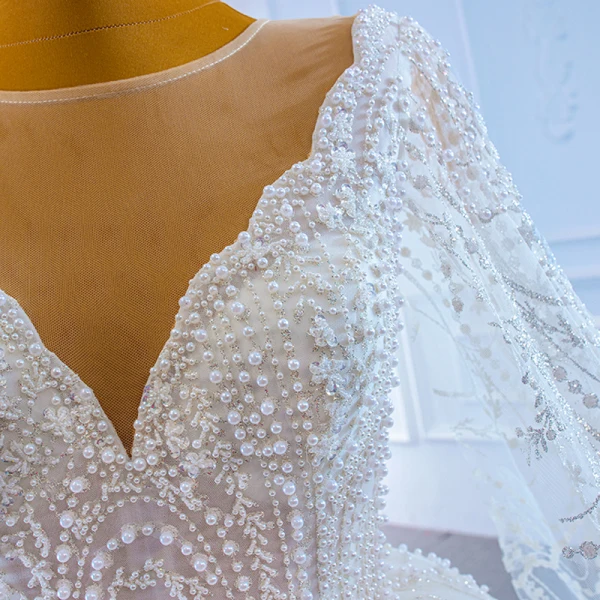 Luxury / Gorgeous White Bridal Wedding Dresses 2021 Ball Gown See-through Deep V-Neck Sleeveless Backless Beading Pearl Watteau Train Ruffle