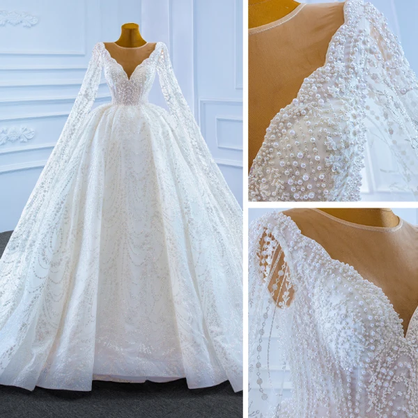Luxury / Gorgeous White Bridal Wedding Dresses 2021 Ball Gown See-through Deep V-Neck Sleeveless Backless Beading Pearl Watteau Train Ruffle
