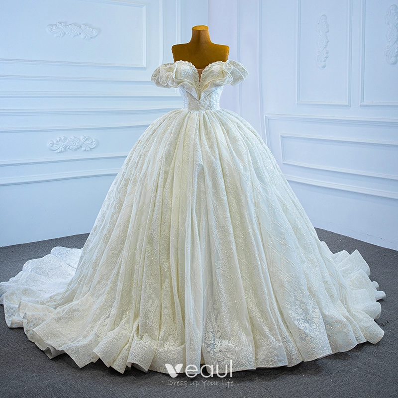 Tulle Beading Ruffles Blue Off The Shoulder Ball Gown Wedding Dress