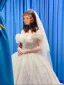 Luxus / Herrlich Ivory / Creme Hochzeits Brautkleider / Hochzeitskleider 2021 Ballkleid Off Shoulder Kurze Ärmel Rückenfreies Perlenstickerei Perle Glanz Tülle Kapelle-Schleppe Rüschen