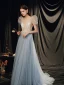 Illusion Bleu Ciel Transparentes Robe De Bal 2021 Princesse Col v profond Sans Manches Perlage Paillettes Glitter Tulle Train De Balayage Volants Dos Nu Robe De Ceremonie