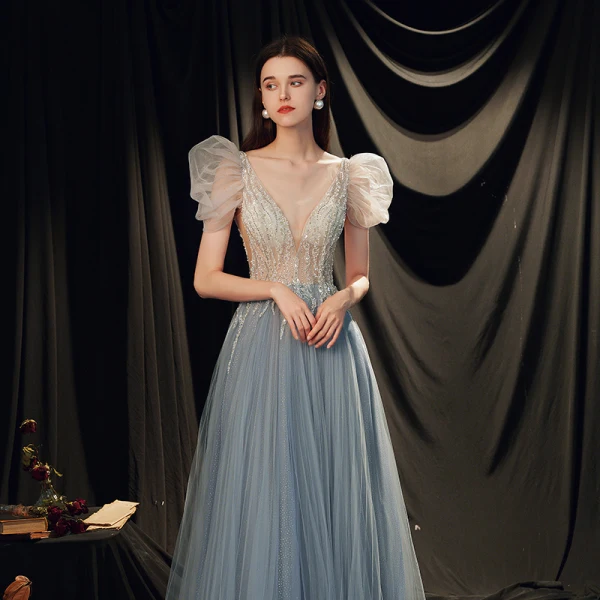 Illusion Sky Blue See-through Prom Dresses 2021 A-Line / Princess Deep  V-Neck Sleeveless Beading