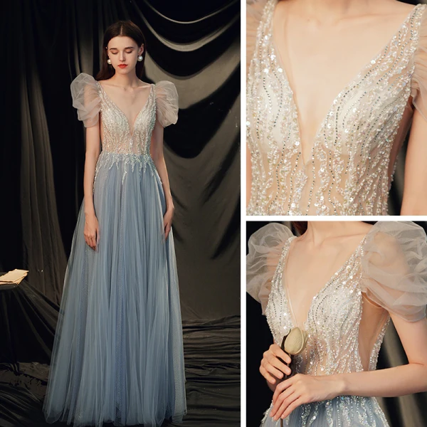 Illusion Bleu Ciel Transparentes Robe De Bal 2021 Princesse Col v profond Sans Manches Perlage Paillettes Glitter Tulle Train De Balayage Volants Dos Nu Robe De Ceremonie