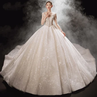 Luxe Champagne La Mariée Robe De Mariée 2021 Robe Boule Transparentes V Cou Manches Longues Dos Nu Appliques En Dentelle Perlage Paillettes Cathedral Train Volants