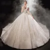 Luxury / Gorgeous Champagne Bridal Wedding Dresses 2021 Ball Gown See-through V-Neck Long Sleeve Backless Appliques Lace Beading Sequins Cathedral Train Ruffle