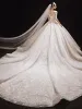 Luxury / Gorgeous Champagne Bridal Wedding Dresses 2021 Ball Gown See-through V-Neck Long Sleeve Backless Appliques Lace Beading Sequins Cathedral Train Ruffle