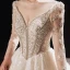 Luxury / Gorgeous Champagne Bridal Wedding Dresses 2021 Ball Gown See-through V-Neck Long Sleeve Backless Appliques Lace Beading Sequins Cathedral Train Ruffle