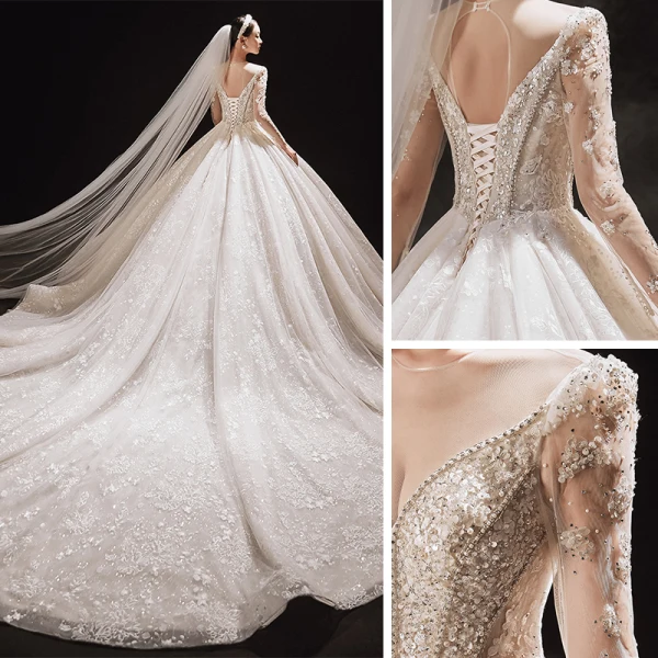 Luxury / Gorgeous Champagne Bridal Wedding Dresses 2021 Ball Gown See-through V-Neck Long Sleeve Backless Appliques Lace Beading Sequins Cathedral Train Ruffle