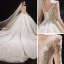 Luxury / Gorgeous Champagne Bridal Wedding Dresses 2021 Ball Gown See-through V-Neck Long Sleeve Backless Appliques Lace Beading Sequins Cathedral Train Ruffle
