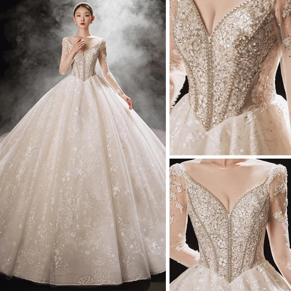 Luxury / Gorgeous Champagne Bridal Wedding Dresses 2021 Ball Gown See-through V-Neck Long Sleeve Backless Appliques Lace Beading Sequins Cathedral Train Ruffle