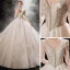 Luxury / Gorgeous Champagne Bridal Wedding Dresses 2021 Ball Gown See-through V-Neck Long Sleeve Backless Appliques Lace Beading Sequins Cathedral Train Ruffle