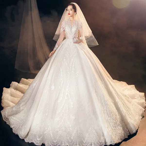 Royal Train A-Line Romantic Illusion Lace Long Sleeve Wedding Bridal B –  TulleLux Bridal Crowns & Accessories