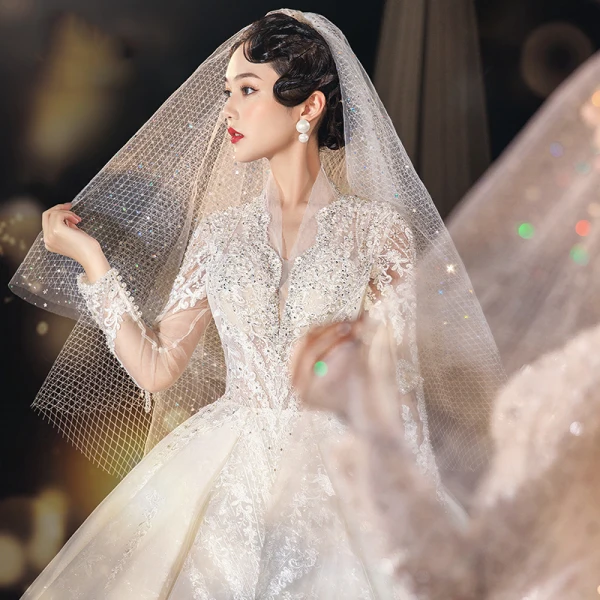 Illusion Champagne See-through Bridal Wedding Dresses 2021 Ball Gown V-Neck Long Sleeve Appliques Lace Beading Tassel Glitter Tulle Royal Train Ruffle
