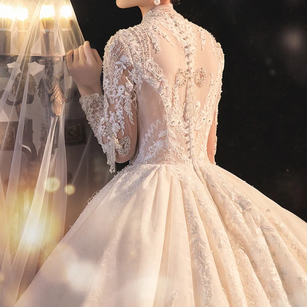 Illusion Champagne See-through Bridal Wedding Dresses 2021 Ball Gown V-Neck Long Sleeve Appliques Lace Beading Tassel Glitter Tulle Royal Train Ruffle