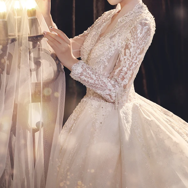 Illusion Champagne See-through Bridal Wedding Dresses 2021 Ball Gown V-Neck Long Sleeve Appliques Lace Beading Tassel Glitter Tulle Royal Train Ruffle