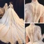 Illusion Champagne See-through Bridal Wedding Dresses 2021 Ball Gown V-Neck Long Sleeve Appliques Lace Beading Tassel Glitter Tulle Royal Train Ruffle