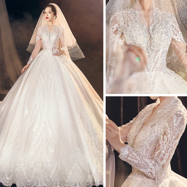 Illusion Champagne See-through Bridal Wedding Dresses 2021 Ball Gown V-Neck Long Sleeve Appliques Lace Beading Tassel Glitter Tulle Royal Train Ruffle