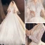 Illusion Champagne See-through Bridal Wedding Dresses 2021 Ball Gown V-Neck Long Sleeve Appliques Lace Beading Tassel Glitter Tulle Royal Train Ruffle
