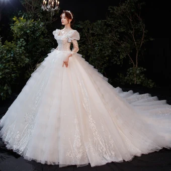 Victorian Style Ivory Wedding Dresses 2021 Ball Gown Square Neckline Puffy Long Sleeve Backless Appliques Lace Beading Pearl Glitter Tulle Cathedral Train Ruffle