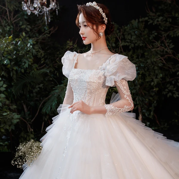 Victorian Style Ivory Wedding Dresses 2021 Ball Gown Square Neckline Puffy Long Sleeve Backless Appliques Lace Beading Pearl Glitter Tulle Cathedral