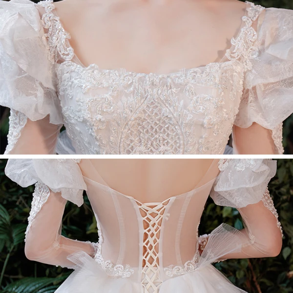 Viktorianischer Stil Ivory / Creme Brautkleider / Hochzeitskleider 2021 Ballkleid Eckiger Ausschnitt Geschwollenes Lange Ärmel Rückenfreies Applikationen Spitze Perlenstickerei Perle Glanz Tülle Kathedrale Schleppe Rüschen