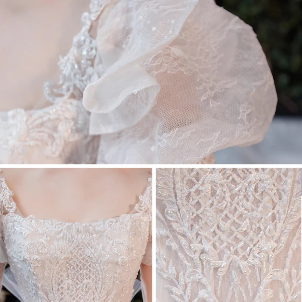 Viktorianischer Stil Ivory / Creme Brautkleider / Hochzeitskleider 2021 Ballkleid Eckiger Ausschnitt Geschwollenes Lange Ärmel Rückenfreies Applikationen Spitze Perlenstickerei Perle Glanz Tülle Kathedrale Schleppe Rüschen