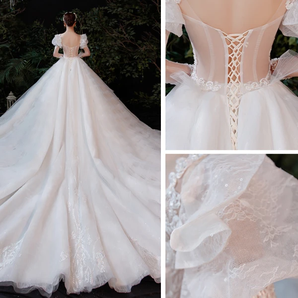 Viktorianischer Stil Ivory / Creme Brautkleider / Hochzeitskleider 2021 Ballkleid Eckiger Ausschnitt Geschwollenes Lange Ärmel Rückenfreies Applikationen Spitze Perlenstickerei Perle Glanz Tülle Kathedrale Schleppe Rüschen