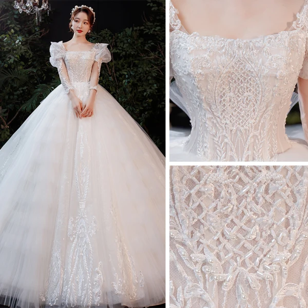 Viktorianischer Stil Ivory / Creme Brautkleider / Hochzeitskleider 2021 Ballkleid Eckiger Ausschnitt Geschwollenes Lange Ärmel Rückenfreies Applikationen Spitze Perlenstickerei Perle Glanz Tülle Kathedrale Schleppe Rüschen