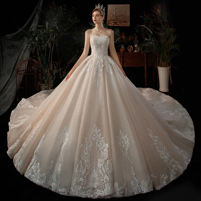 Luksus Champagne Bryllups Brudekjoler 2021 Ballkjole Kjæreste Avtakbar Langermede Ryggløse Appliques Blonder Beading Paljetter Glitter Tyll Royal Train Buste