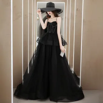Mode Noire Robe De Bal 2021 Princesse Bretelles Spaghetti Sans Manches Perlage Train De Balayage Volants Dos Nu Robe De Ceremonie