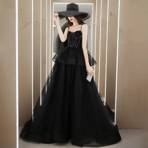 Mode Noire Robe De Bal 2021 Princesse Bretelles Spaghetti Sans Manches Perlage Train De Balayage Volants Dos Nu Robe De Ceremonie