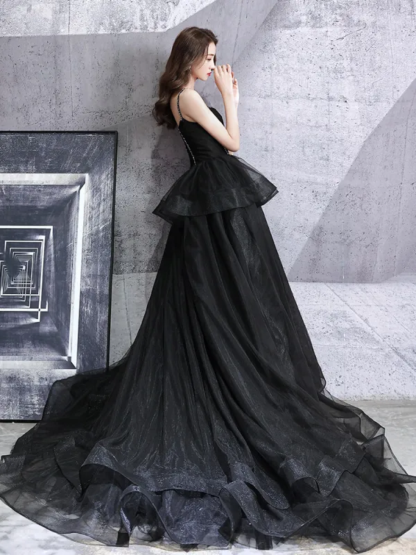 Fashion Black Prom Dresses 2021 A-Line / Princess Spaghetti Straps Sleeveless Beading Sweep Train Ruffle Backless Formal Dresses