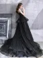 Fashion Black Prom Dresses 2021 A-Line / Princess Spaghetti Straps Sleeveless Beading Sweep Train Ruffle Backless Formal Dresses