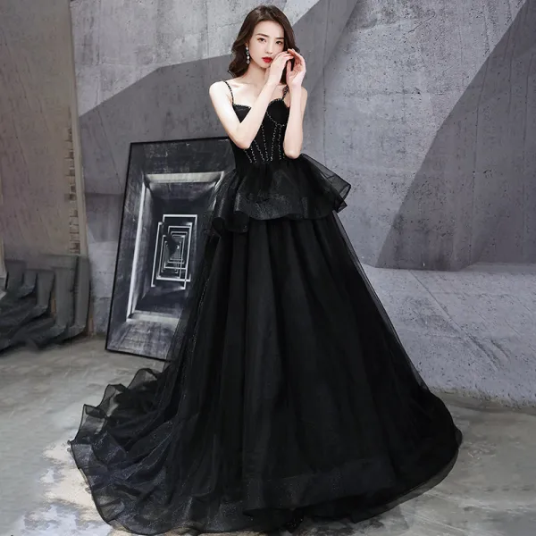 Fashion Black Prom Dresses 2021 A-Line / Princess Spaghetti Straps Sleeveless Beading Sweep Train Ruffle Backless Formal Dresses