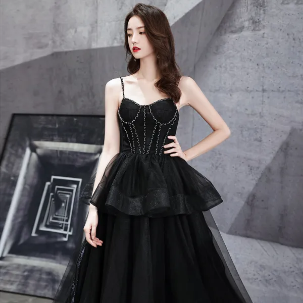 Fashion Black Prom Dresses 2021 A-Line / Princess Spaghetti Straps Sleeveless Beading Sweep Train Ruffle Backless Formal Dresses