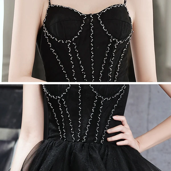 Fashion Black Prom Dresses 2021 A-Line / Princess Spaghetti Straps Sleeveless Beading Sweep Train Ruffle Backless Formal Dresses