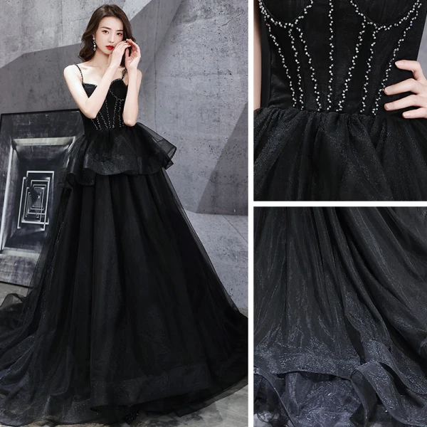 Fashion Black Prom Dresses 2021 A-Line / Princess Spaghetti Straps Sleeveless Beading Sweep Train Ruffle Backless Formal Dresses